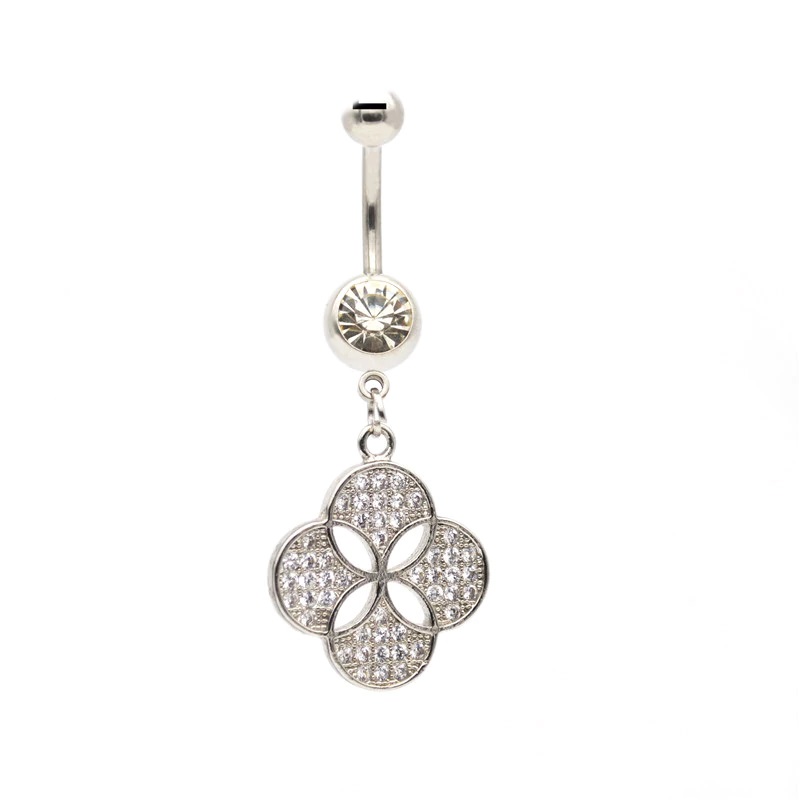 Navel Belly Button Ring Body Piercing 316l Steel Four Leaf Clover Crystal Zircon