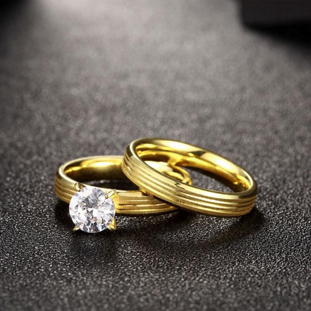 Rostfritt stål ring Förlovningring 2 st / set CZ - 3