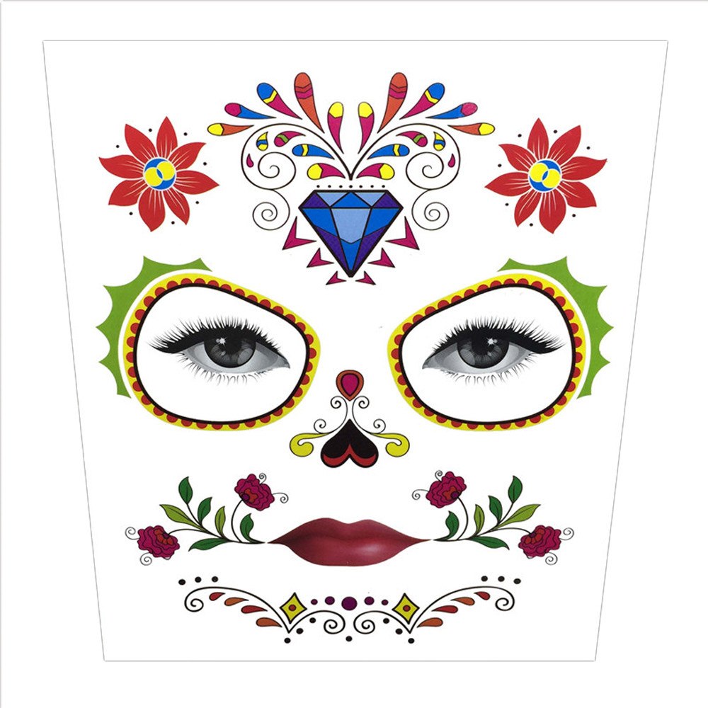 Halloween Temporary Face Art Waterproof Mask Sugar Skull Tattoo Beauty Sticker