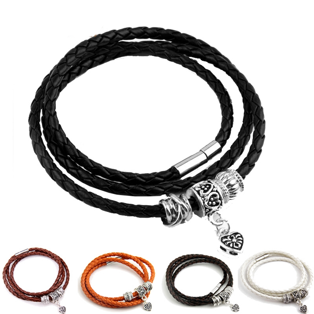 Silver Charm Leather Bracelet Magnetic