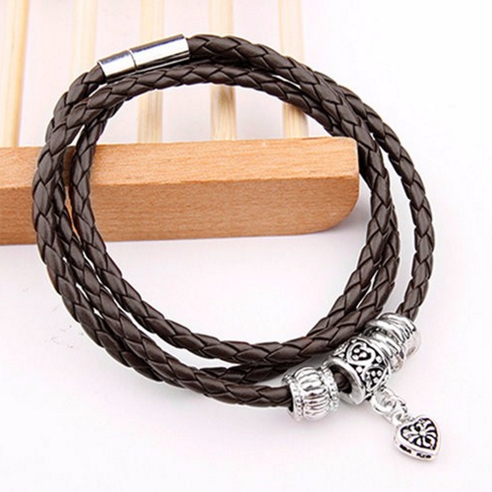 Silver Charm Leather Bracelet Magnetic - 6