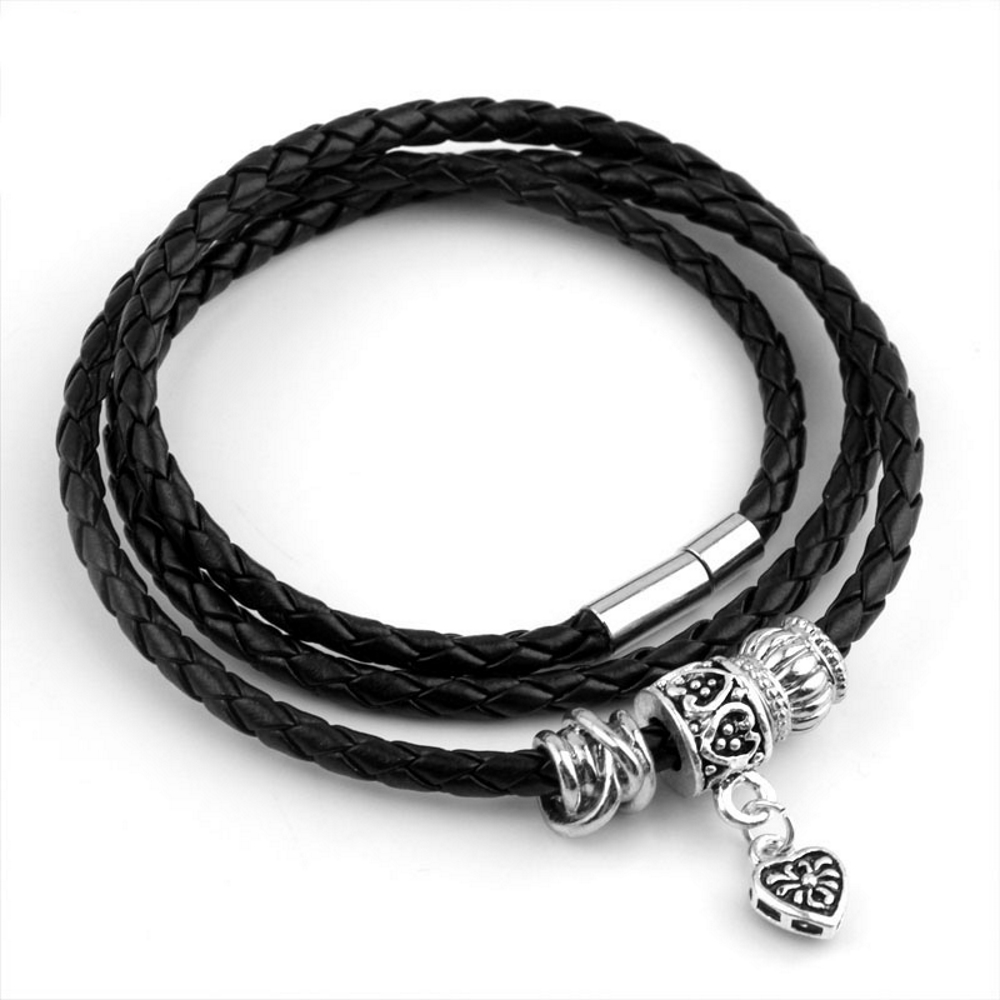 Silver Charm Leather Bracelet Magnetic - 5