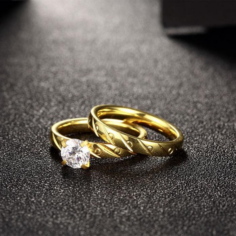 Stainless Steel Ring Engagement 2 Pcs/Sets CZ - 2