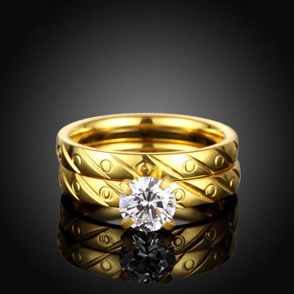 Stainless Steel Ring Engagement 2 Pcs/Sets CZ - 3