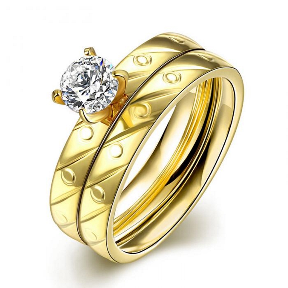 Stainless Steel Ring Engagement 2 Pcs/Sets CZ