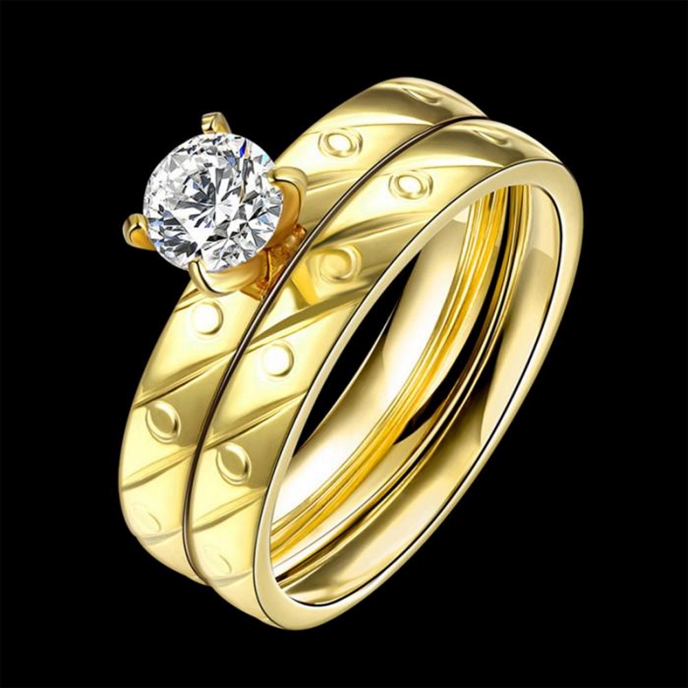 Stainless Steel Ring Engagement 2 Pcs/Sets CZ - 4