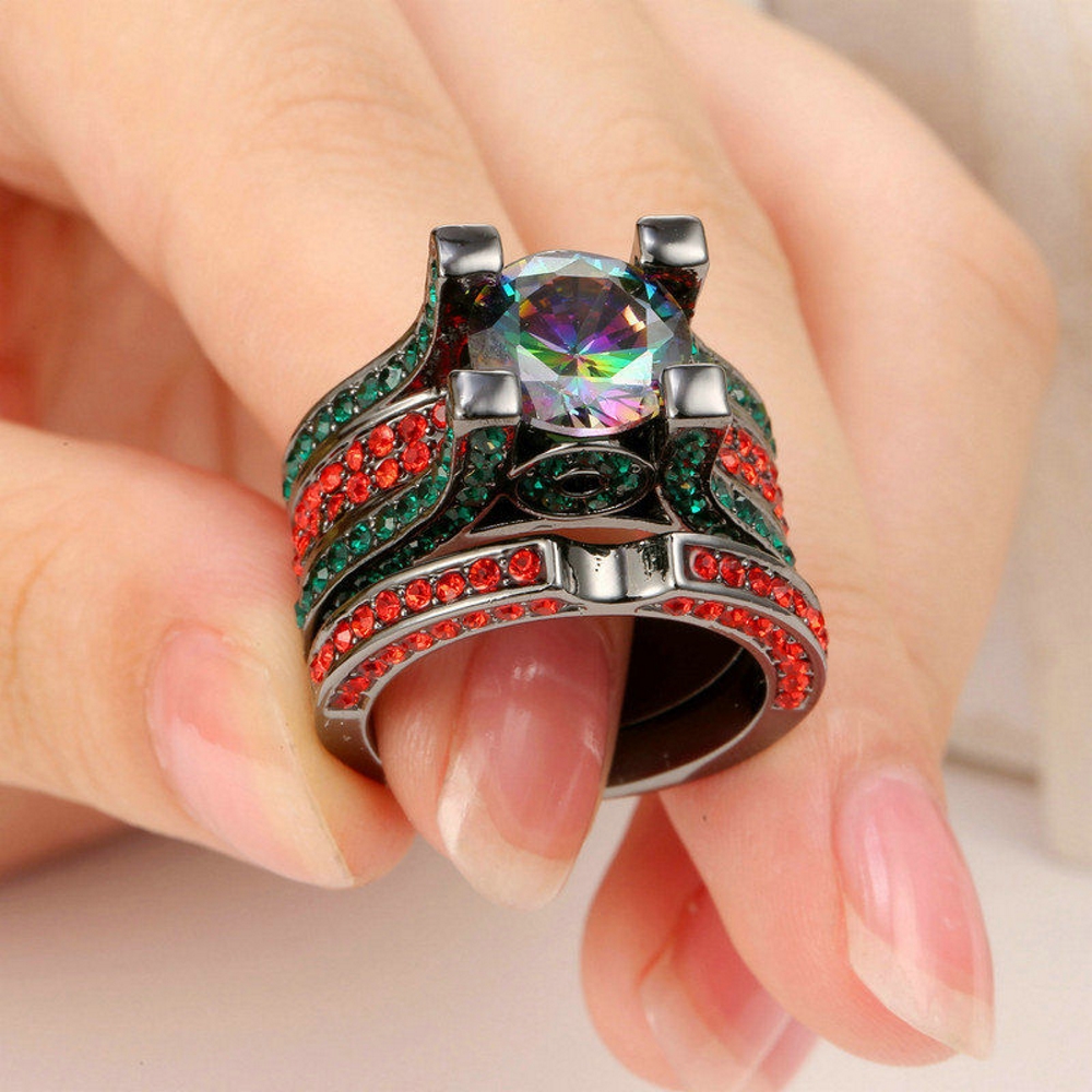 10K BLACK Gold Filled Engagement double ring - 2