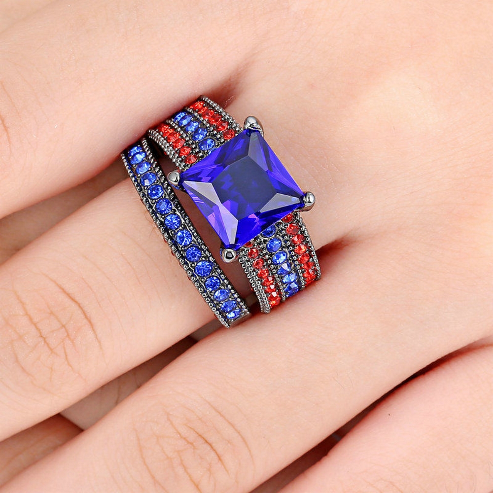 10K BLACK Gold Filled Engagement double ring - 2
