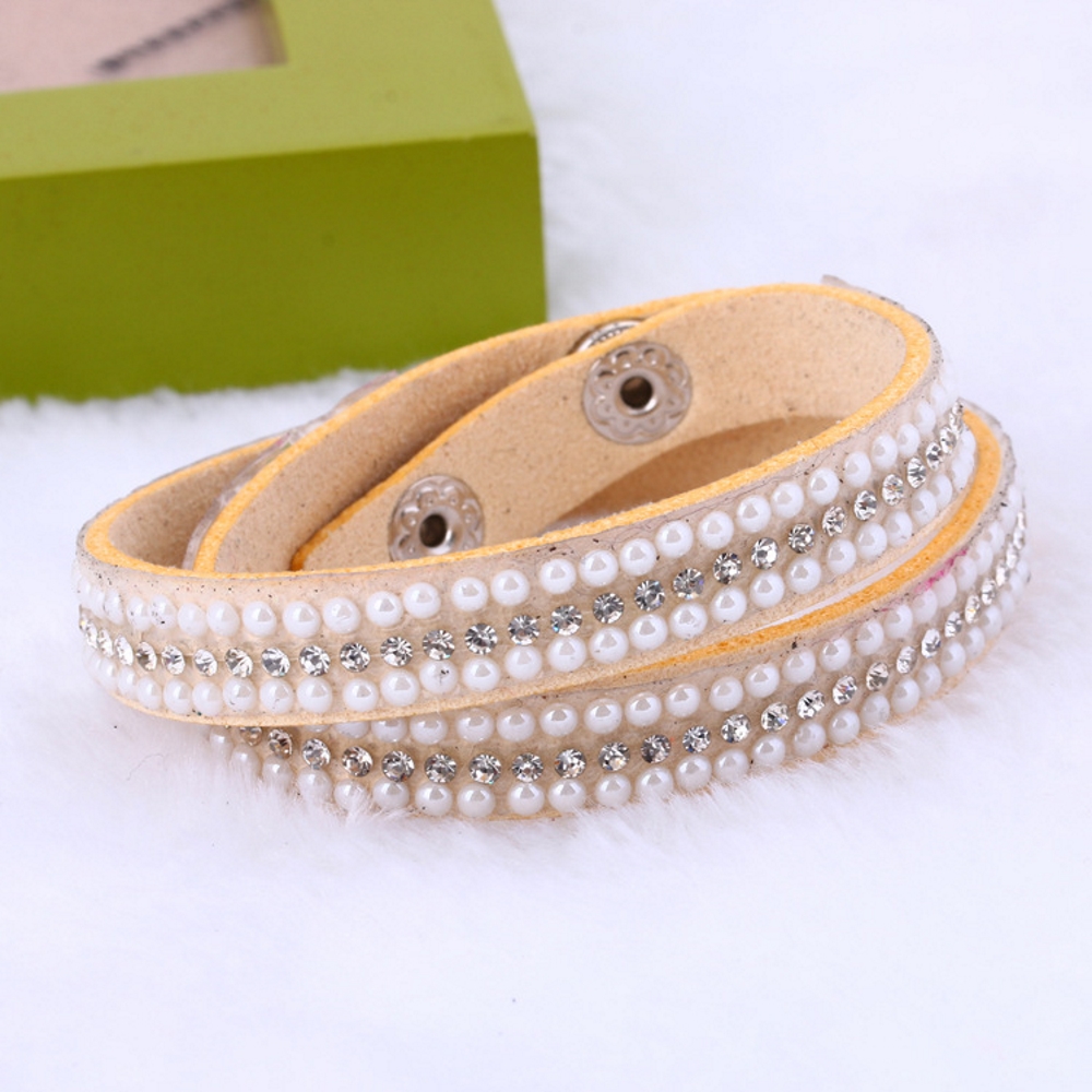 Rhinestone Leather Wrap Wristband Cuff Punk Bracelet Bangle