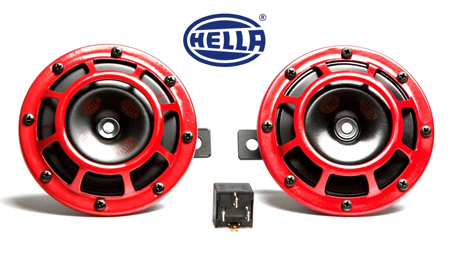 HELLA SUPERTONE HORN KIT RED 118DB SET OF 2 INCL RELAY