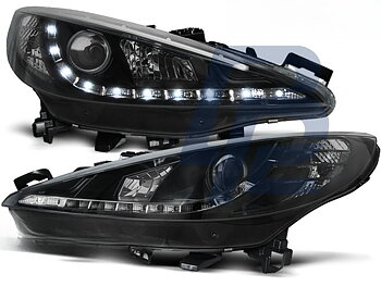 STRÅLKASTARE PEUGEOT 207 2006-2012 DAYLIGHT SVART W/MOTOR
