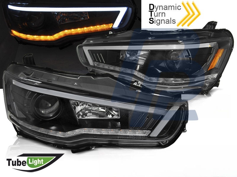 Headlights for Mitsubishi Lancer 8 2008–2016 Tube Light Sequential Black - 2