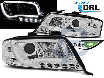 HEADLIGHTS AUDI A6 06.01-05.04 TUBE LIGHTS TRU DRL CHROME