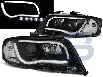 HEADLIGHTS AUDI A6 06.01-05.04 TUBE LIGHTS TRU DRL BLACK