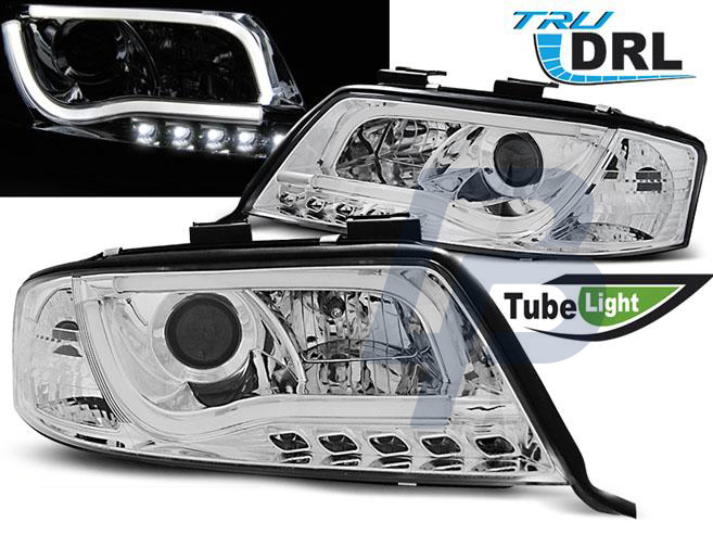 HEADLIGHTS AUDI A6 05.97-05.01 TUBE LIGHTS TRU DRL CHROME - 3