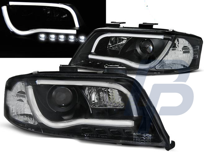 HEADLIGHTS AUDI A6 05.97-05.01 TUBE LIGHTS TRU DRL BLACK - 3