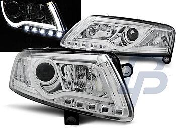 HEADLIGHTS AUDI A6 C6 04.04-08 LED TUBE LIGHTS TRUE DRL CHROME