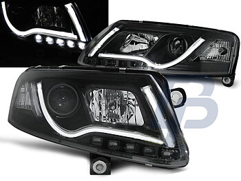 HEADLIGHTS AUDI A6 C6 04.04-08 LED TUBE LIGHTS TRUE DRL BLACK