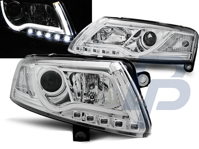 HEADLIGHTS AUDI A6 C6 04-08 XENON TUBE LIGHTS TRU DRL CHROME - 3