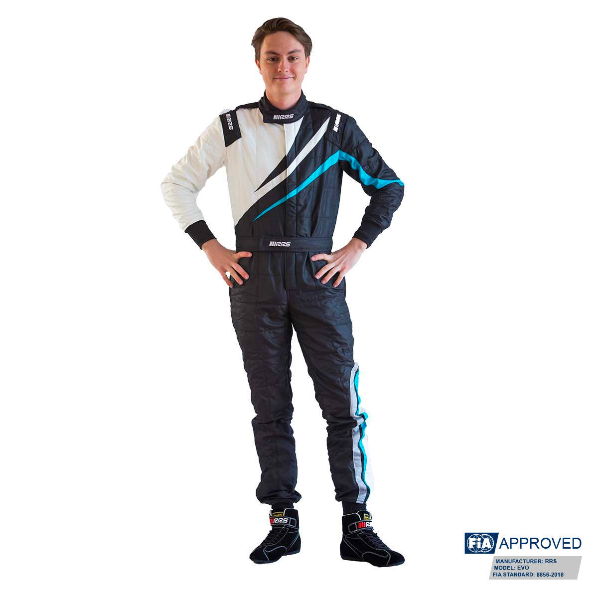 RACE SUIT RRS FIA EVO DYNAMIC BLACK / LIGHT BLUE - FIA 8856-2018 - 2