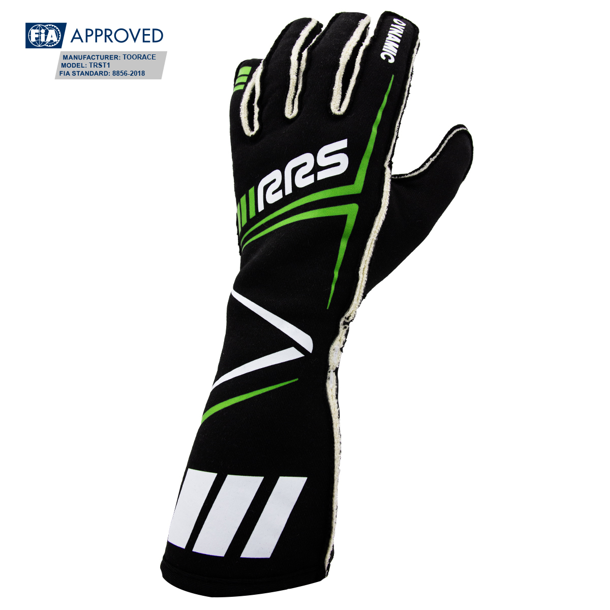 FIA RRS DYNAMIC 3 RACING GLOVES (EXTERNAL SEAMS) BLACK / GREEN - FIA 8856-2018 - 2