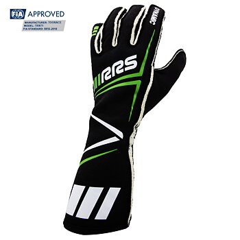 FIA RRS DYNAMIC 3 RACING GLOVES (EXTERNAL SEAMS) BLACK / GREEN - FIA 8856-2018