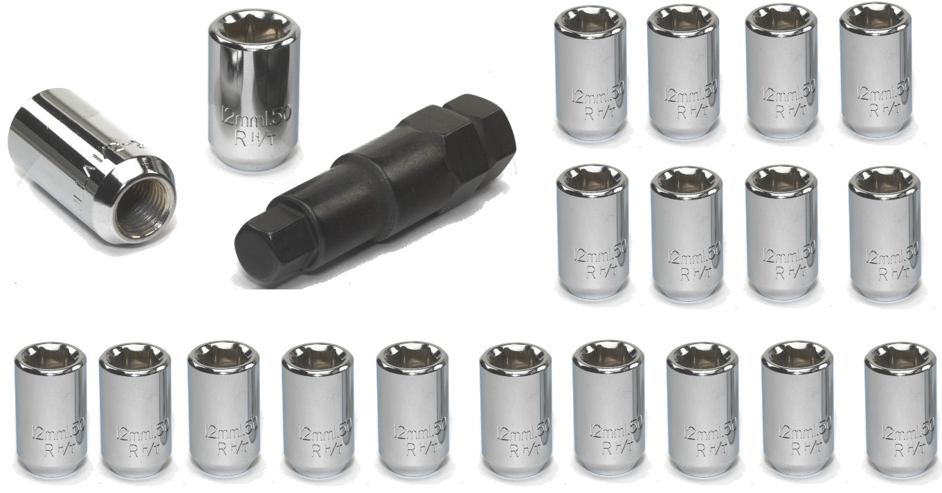 LIGHTWEIGHT WHEEL LUG NUTS CHROME HEX M12X1.50 +KEY