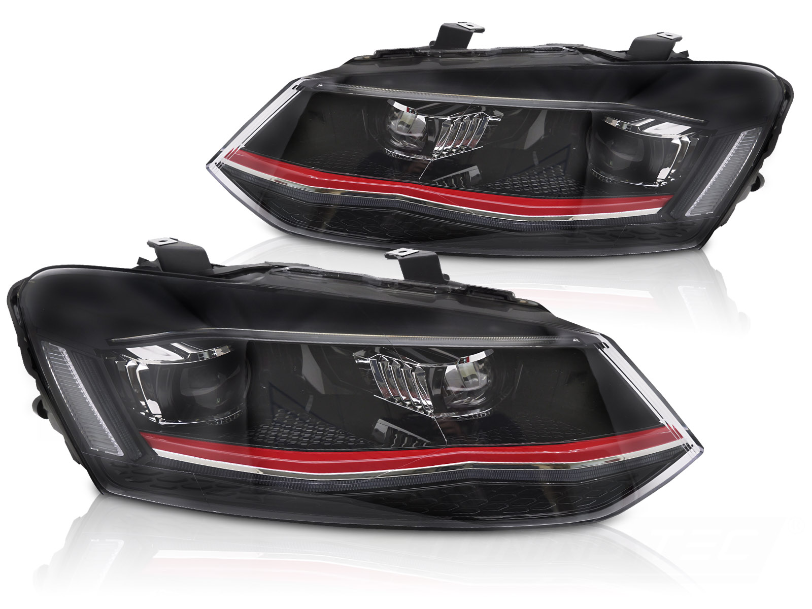 STRÅLKASTARE FULL LED RÖD DRL SEQ TILL VW POLO 6R 2009-2017