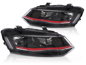 STRÅLKASTARE FULL LED RÖD DRL SEQ TILL VW POLO 6R 2009-2017