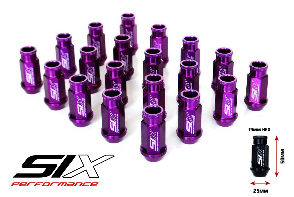 SIX LIGHTWEIGHT ALU 7075 LUG NUTS 50MM 12X1.25 PURPLE V2 20X
