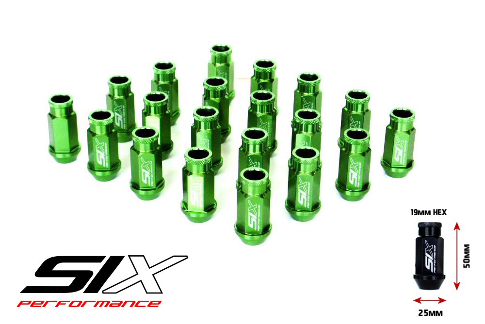 SIX LIGHTWEIGHT ALU 7075 LUG NUTS 50MM 12X1.25 GREEN V2 20X