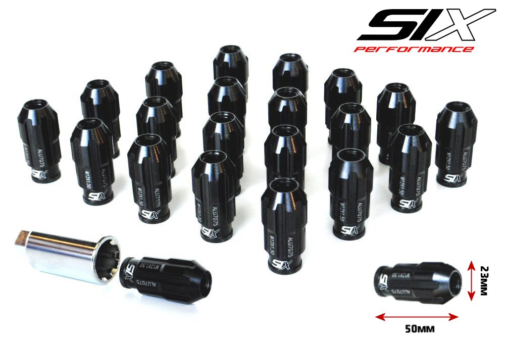 SIX LIGHTWEIGHT ALU7075 LUG NUTS 12X1.50 BLACK ANTI-THEFT V3