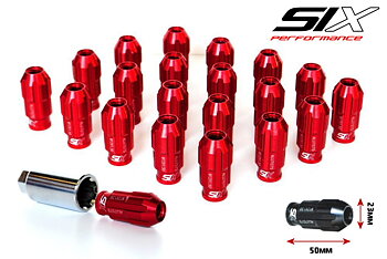 SIX LIGHTWEIGHT ALU7075 LUG NUTS 12X1.25 RED ANTI-THEFT V3