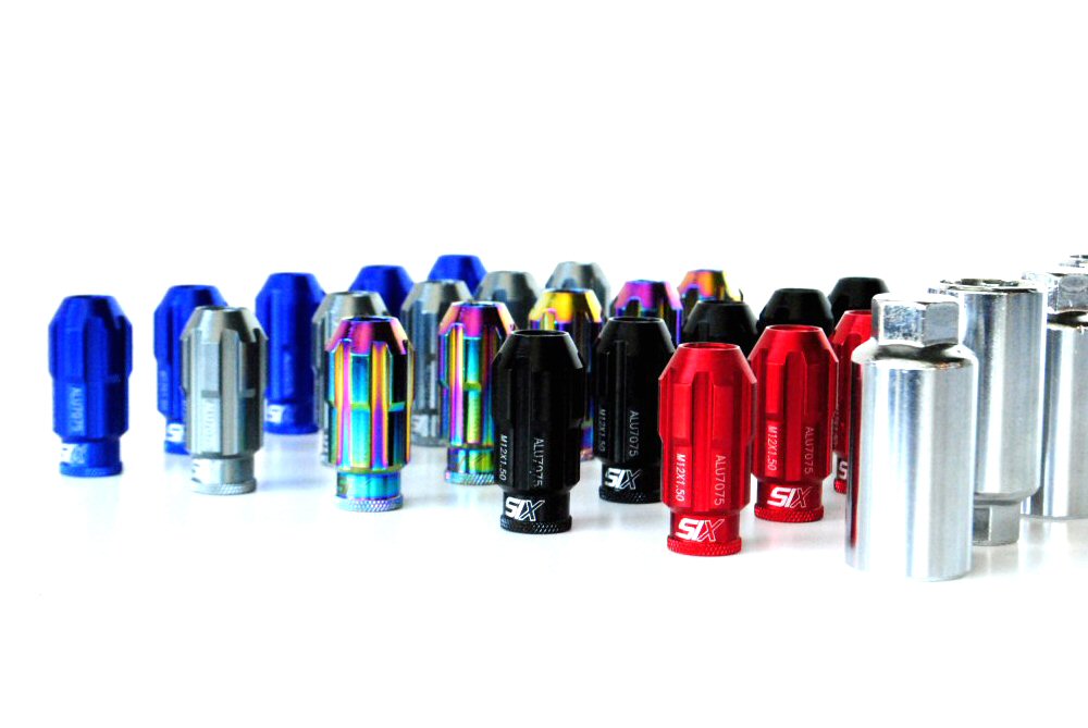 SIX LIGHTWEIGHT ALU7075 LUG NUTS 12X1.25 BLUE ANTI-THEFT V3 - 7
