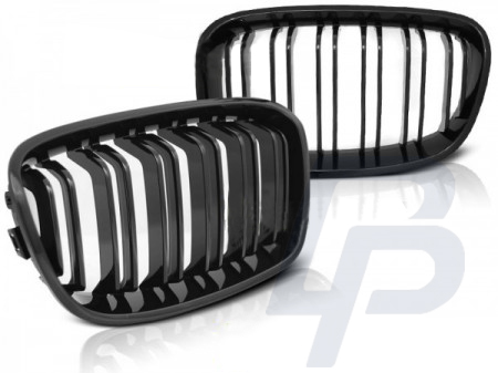 GRILLS BMW F20 F21 11-12.14 GLOSSY BLACK DOUBLE BAR M-LOOK