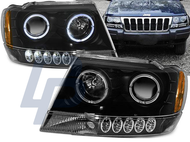 HEADLIGHTS CHRYSLER JEEP GRAND CHEROKEE 99-05.05 ANGEL EYES BLACK - 2