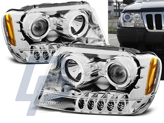 HEADLIGHTS CHRYSLER JEEP GRAND CHEROKEE 99-05.05 ANGEL EYES CHROME - 2
