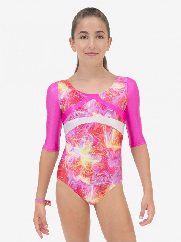 Gymnastikdråkt i rosa- eller blåmönstrat med 3/-lång ärm  från Capezio