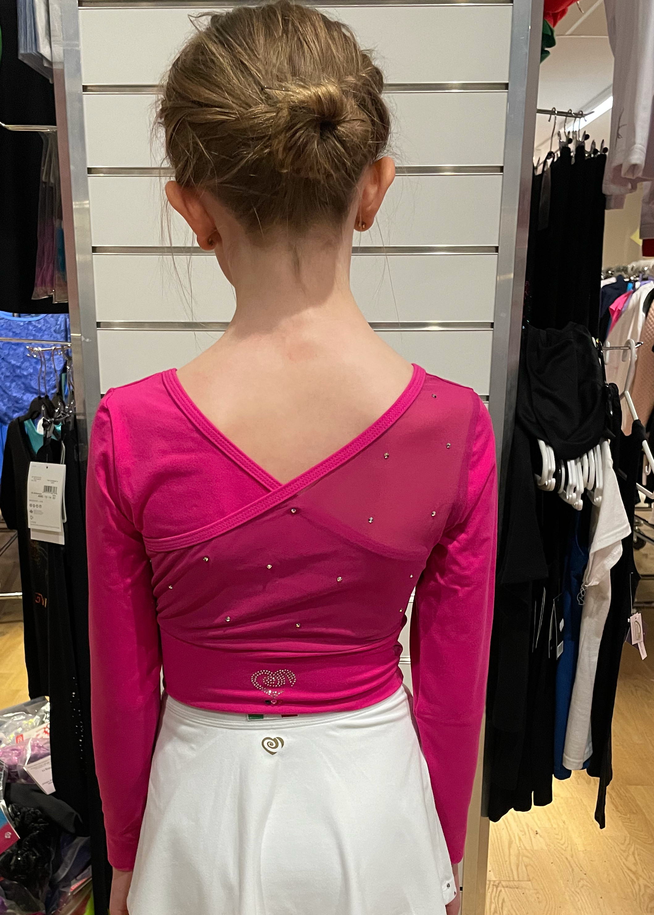 Långärmad rosa croptopp från Bolero med mesh i ryggen och kristaller - 2