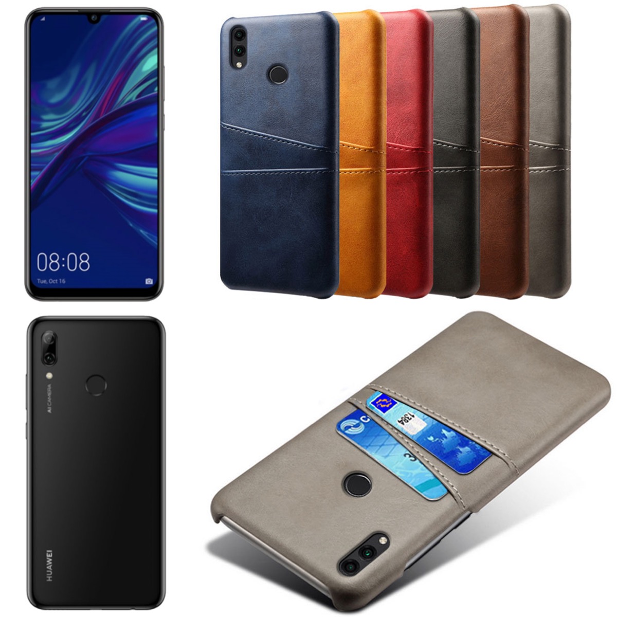 Huawei P smart 2019 skal fodral skydd skinn läder kort visa - 7
