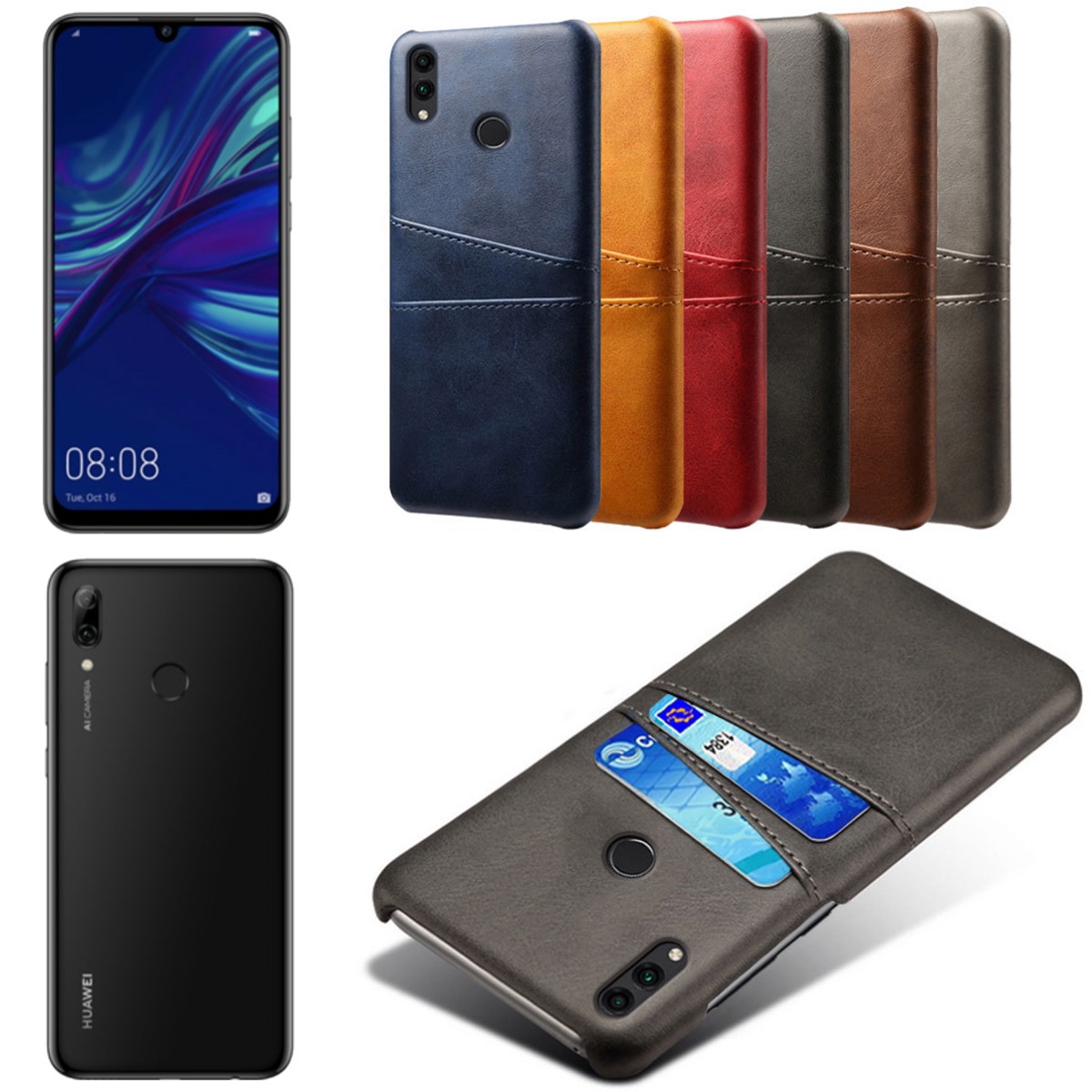 Huawei P smart 2019 skal fodral skydd skinn läder kort visa
