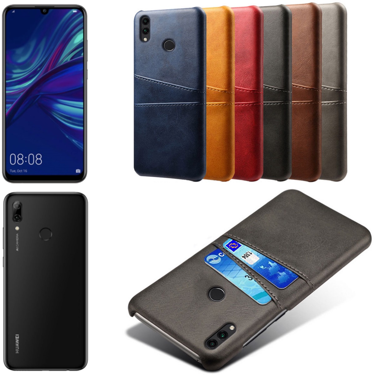 Huawei P smart 2019 skal fodral skydd skinn läder kort visa - 2