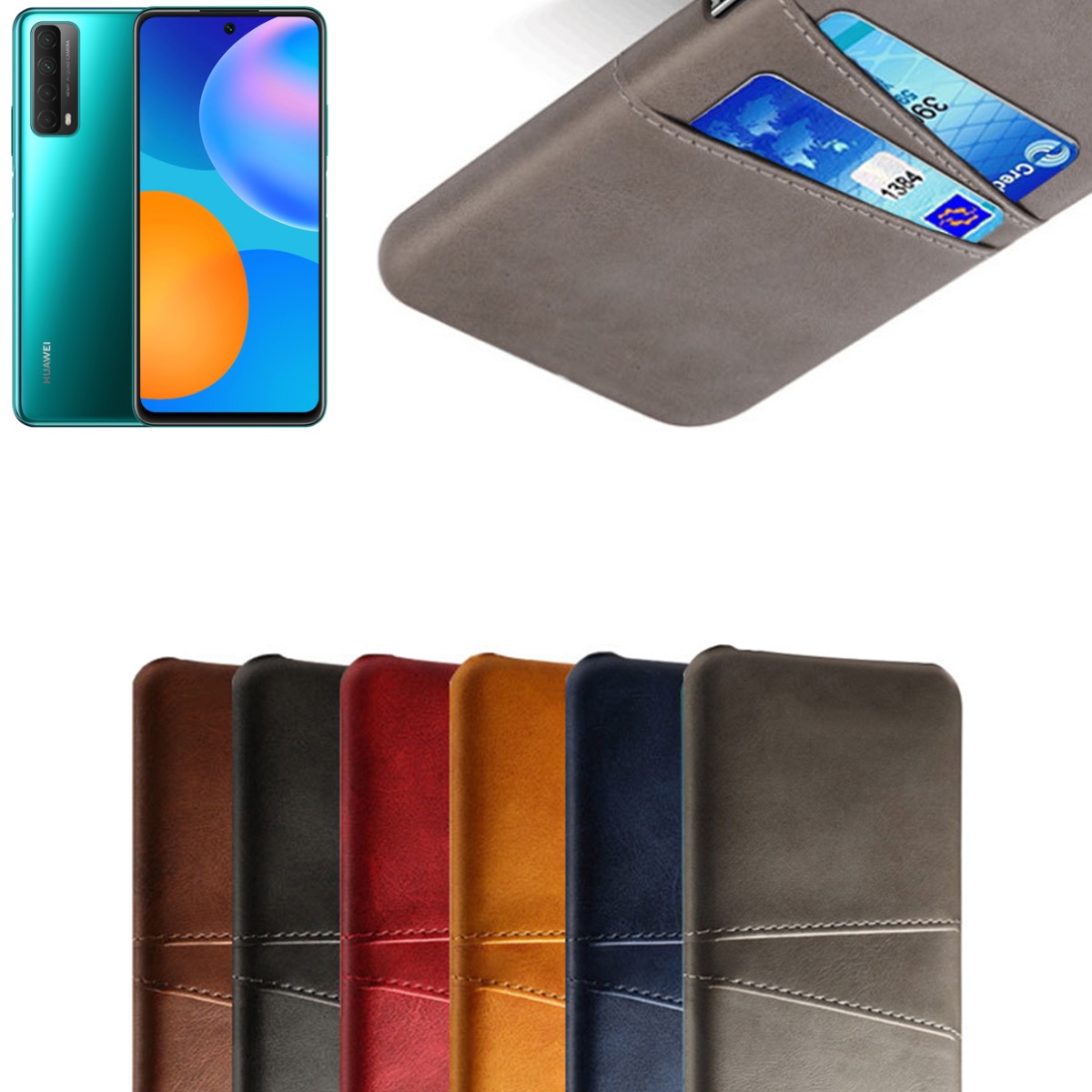 Huawei P smart 2021 skal fodral skydd skinn läder kort visa - 7