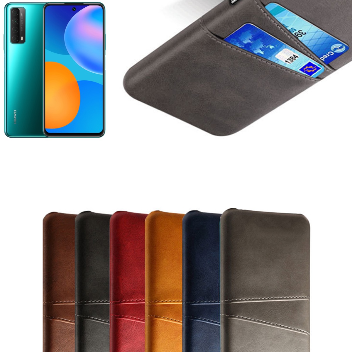 Huawei P smart 2021 skal fodral skydd skinn läder kort visa