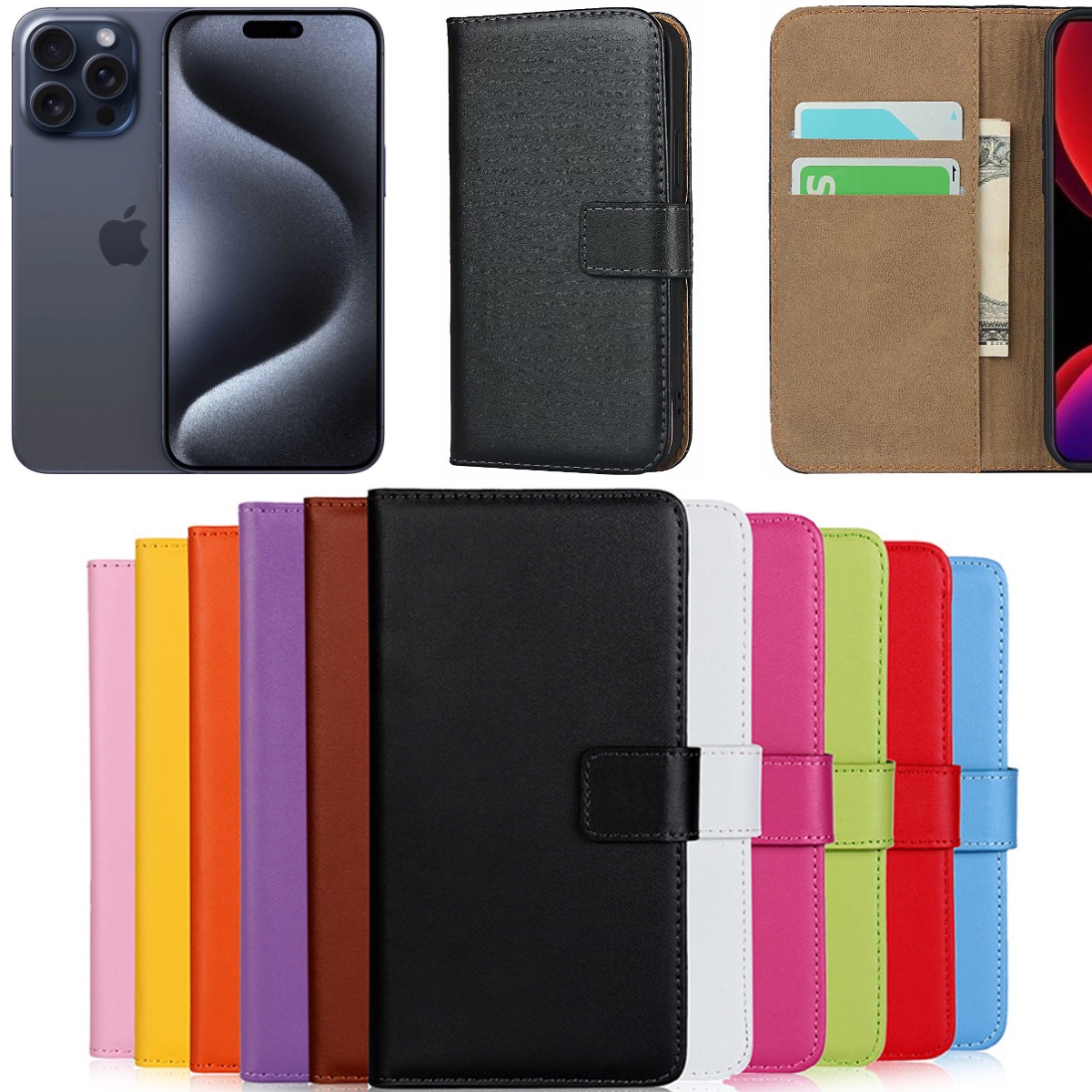 iPhone 15 Pro Max plånboksfodral plånbok fodral skal svart -