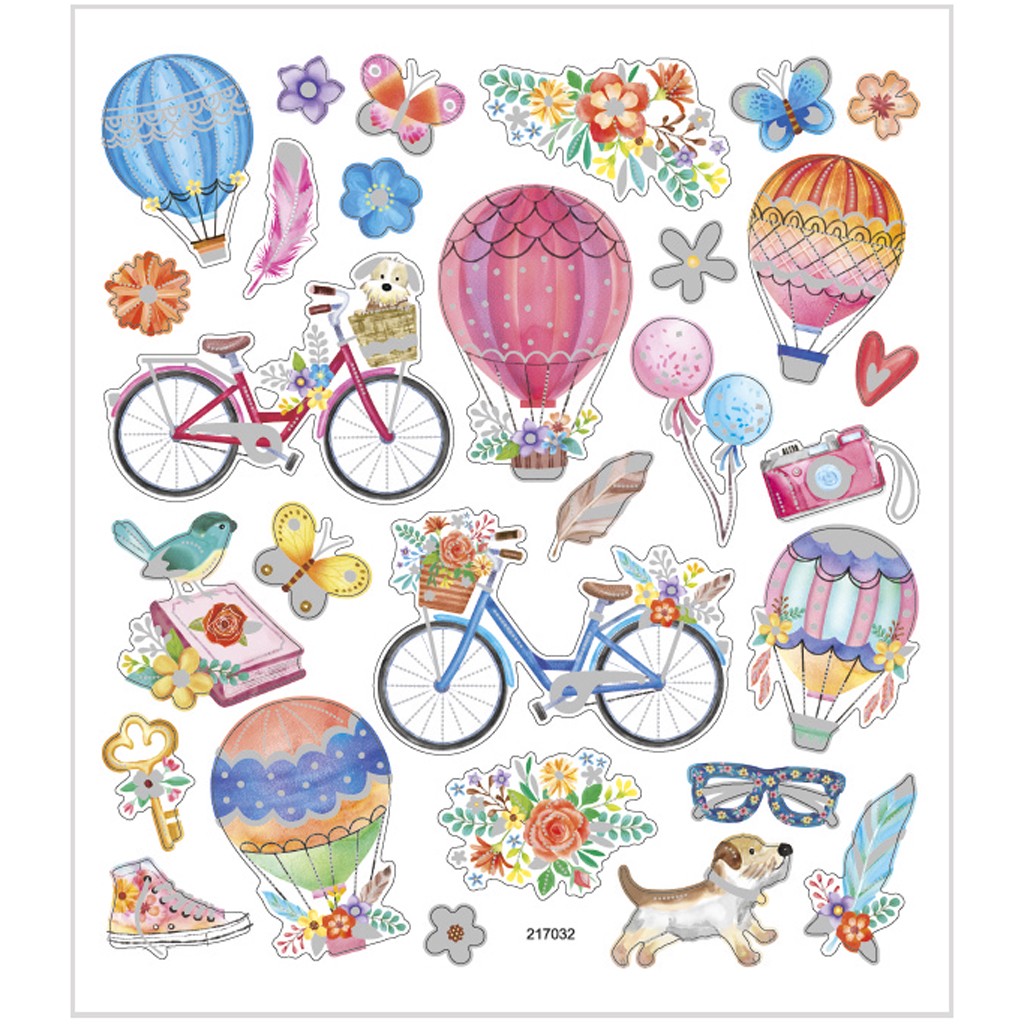 Stickers, 15x16,5 cm, cycklar och luftballonger, 1ark