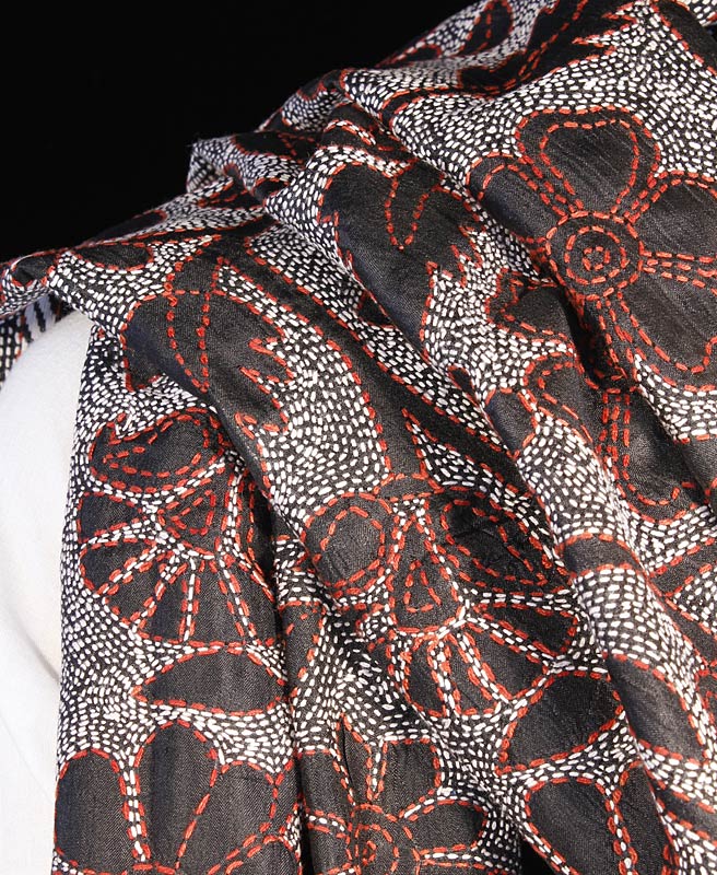 Svart-Rost Kantha Sidensjal - 3