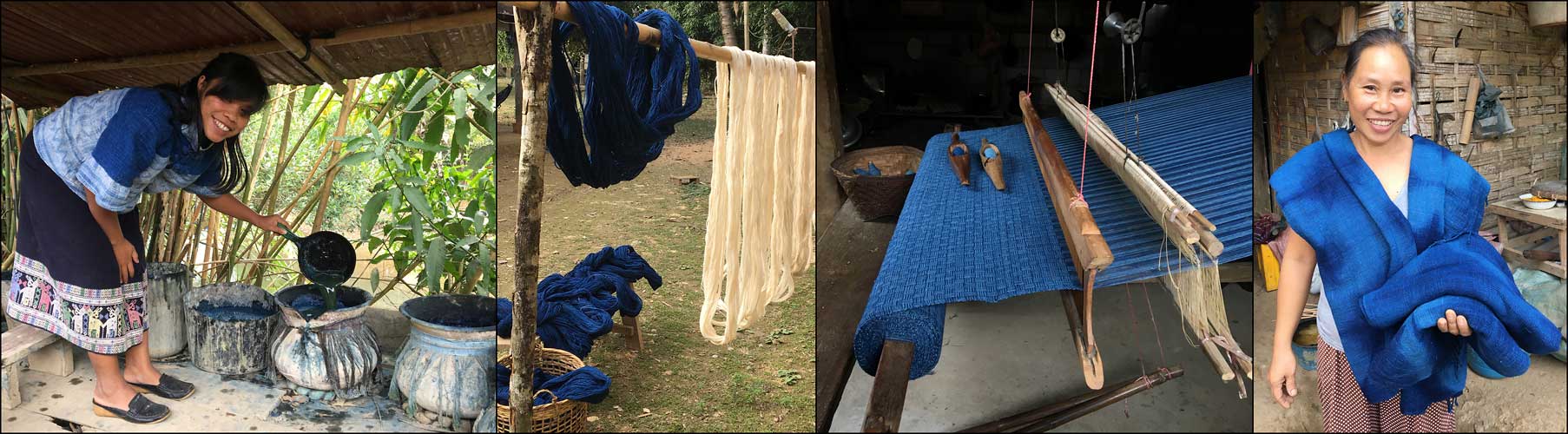 Traditionell Sjal & tygtillverkning färgade med indigo