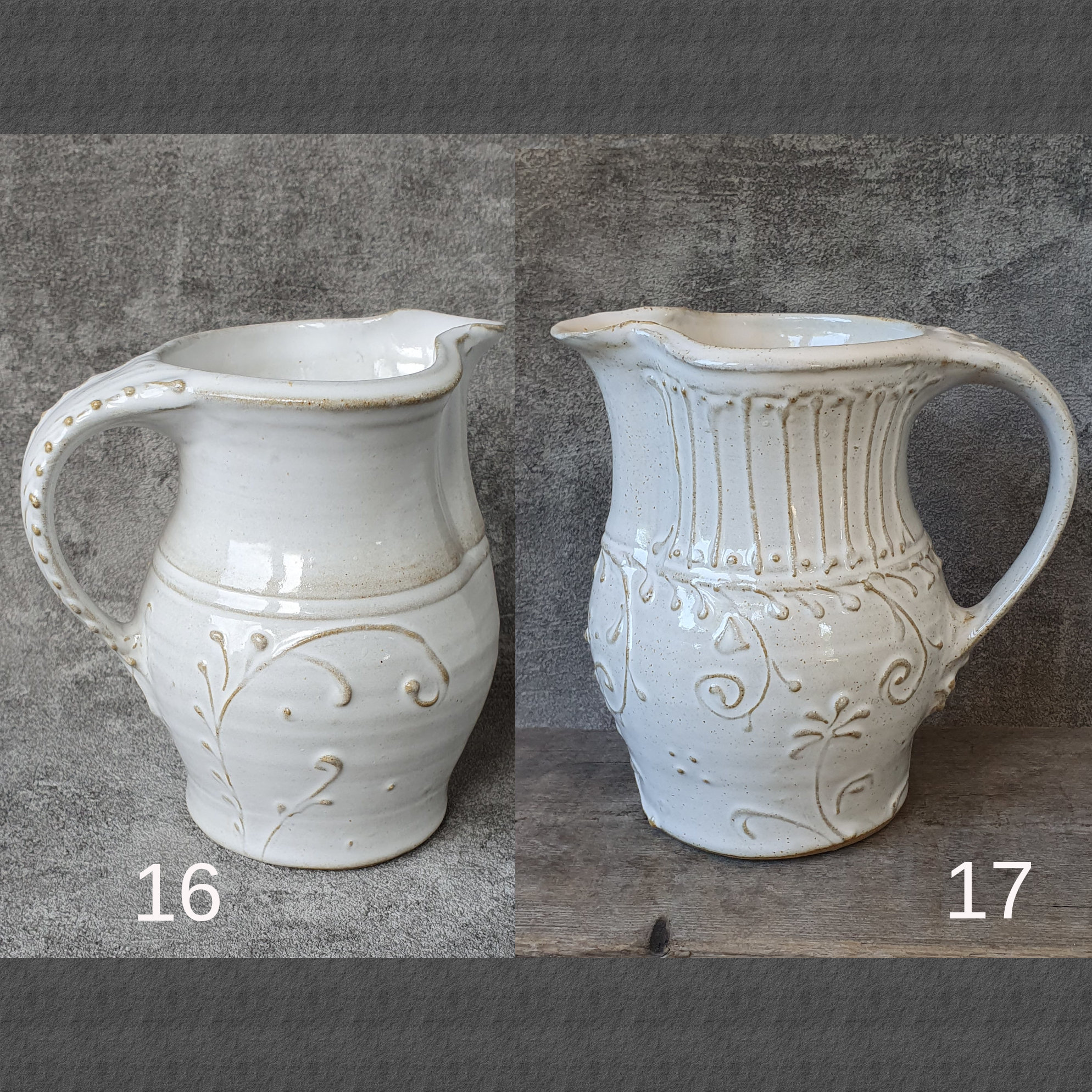 Two sliptrailed white jugs. 