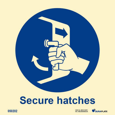 IMO-skylt "Secure hatches" - IMPA 33.5101